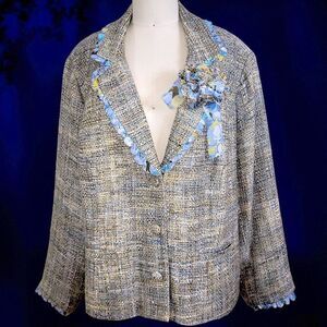 Meadow Bloom floral ivory pale blue Tweed plus size Jacket blazer